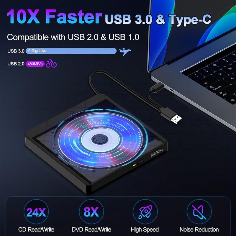 Beizkna External CD DVD Drive for Laptop USB 3.0 & Type-C Portable CD DVD Player for CD ROM +/-RW Burner Reader Writer Optical Disc Drive for Laptop Desktop PC Windows 11/10 Linux Mac OS Apple MacBook Pro - Image 3